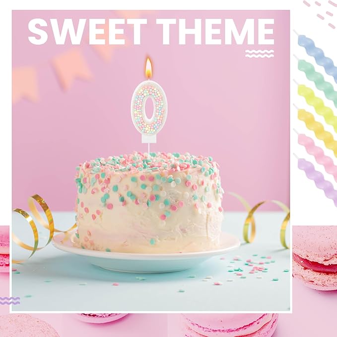 MTLEE Number 0 Birthday Candle with 12 Pcs Spiral Candles for Girls Macaron Pastel Rainbow Unicorn Pink Cake Topper for Sweet Theme Party Decoration