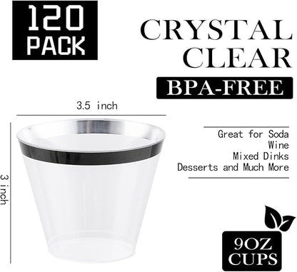 WELLIFE 120 PCS Black Plastic Cups,Disposable Cocktail Glasses,Plastic Wine Glasses Disposable,9 oz Clear Cups for Party and New Year