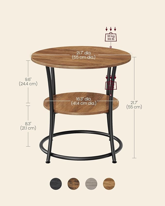 VASAGLE 21.7-Inch Round Side Table, 2-Tier End Table, Nightstand with Steel Frame, Spacious Top, for Small Spaces, Living Room, Bedroom, Honey Brown and Ink Black ULET056B41