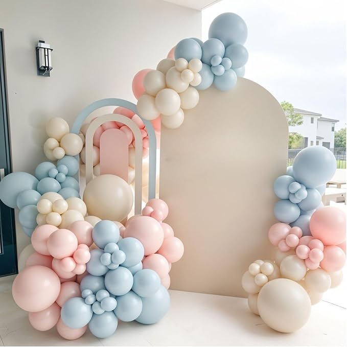 Gender Reveal Balloon Arch Kit,122Pcs Blush Pink Dusty Blue Sand White Peach Balloons for Gender Reveal Party Boho Wedding Bridal Engagement Baby Shower Anniversary Birthday Party Decorations