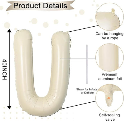 40 Inch Letter Balloons U, Big Custom A-Z Alphabet Foil Name Balloon Cream White, Self Inflating Beige Customize Helium Balloon Letters U for Women Girls Birthday Bride Baby Shower Party Decorations