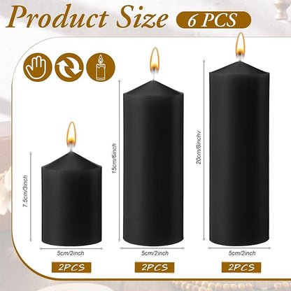 MTLEE 6 Pcs Pillar Candles 3 Set 2 in x 3, 6, 8 Inch Smokeless Dripless Unscented Pillar Candles Long Clean Burning Wax for Wedding Dinner Party Spa Emergency Ceremony Home Decor (Black)
