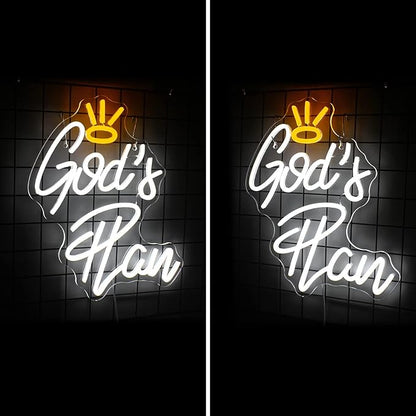 Horseneon God's Plan Neon Led Sign, God Neons Sign for Wall Decor, White Letter Neon Lights Signs with USB Powered for Bedroom, Living room, Wall Art Decoration