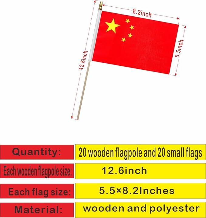 20 Pack China Flags Chinese Stick Flag Small Mini Handheld Flags for National Day, Sports Events, Party Decorations (5×8 Inches)
