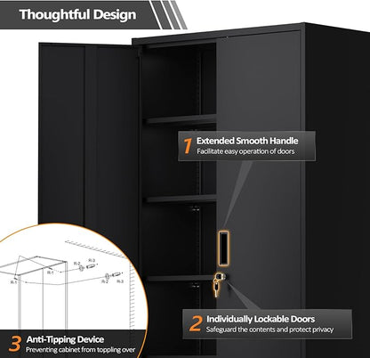 VINGLI Metal Garage Storage Cabinet with 2 Doors and 5 Adjustable Shelves, 71" Tall Steel Lockable File Cabinet, Locking Tool Cabinets for Home Office Garage Gym School (Black)
