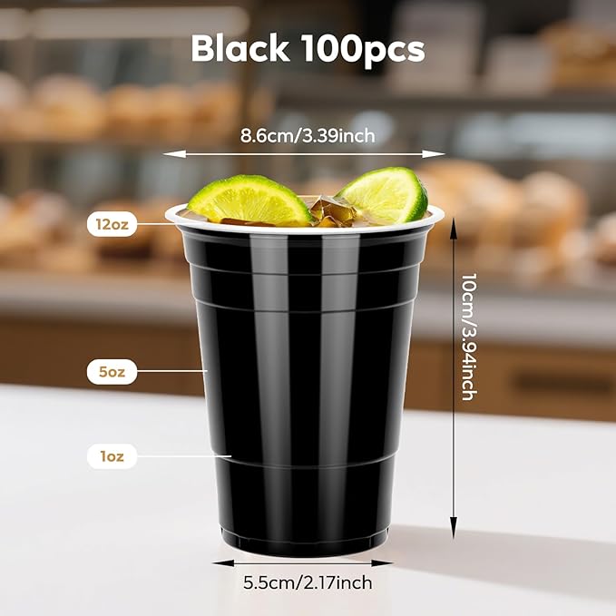 100PCS Black Plastic Cups, 12oz Disposable Party Cups Bulk, BPA Free Drink Cups for Soda Juice Beer Cocktail Cold Drinks Suitable for Wedding Halloween Thanksgiving Christmas Birthday Celebrations