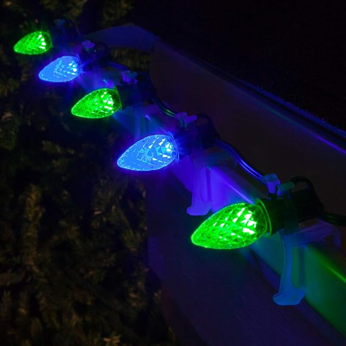 Wintergreen Lighting Set of 50 C7 OptiCore Blue and Green Commercial Christmas Lights – LED Outdoor Heavy Duty Bulbs on 18 Gauge Green Wire (50 ft)