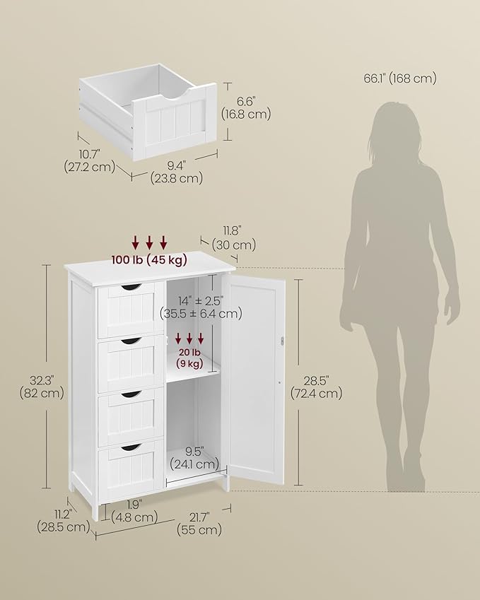 VASAGLE Storage Cabinet with Drawers, Freestanding Floor Cabinet with Door, 11.8 x 21.7 x 32.3 Inches, Adjustable Shelf, for Bathroom, Living Room, Kitchen, Cloud White ULHC041WH01S