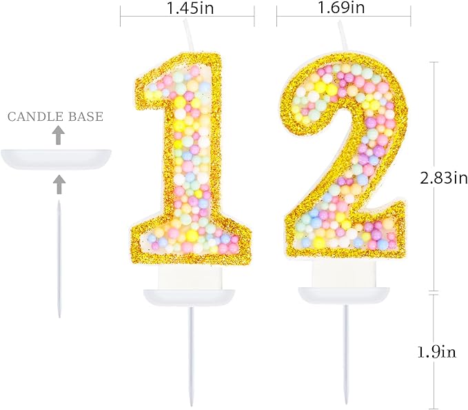12th Birthday Candle for Cake, Colorful Macaron Numeral Candles for Boys/Girls, Birthday Party Cake Decorations, Golden Cake Topper for Birthday Party Supplies (Number 12)