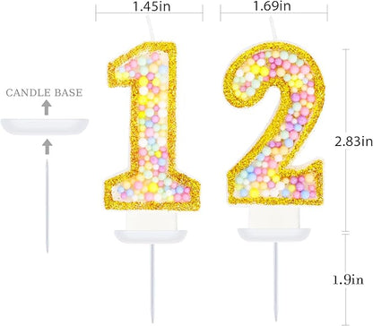 12th Birthday Candle for Cake, Colorful Macaron Numeral Candles for Boys/Girls, Birthday Party Cake Decorations, Golden Cake Topper for Birthday Party Supplies (Number 12)