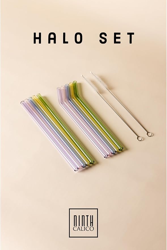 10 Pcs Reusable Glass Drinking Straws, Colorful and Durable Glass Straws for Beverages, Smoothies, Iced Coffee, Matcha, Juice, Set of 10-5 Straight, 5 Bent, 2 Cleaning Brushes - (Halo Set)