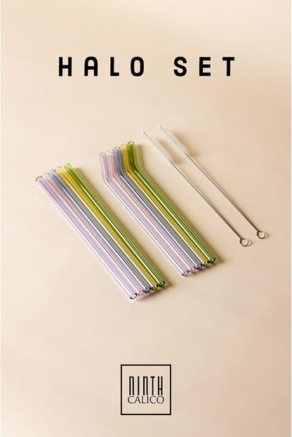 10 Pcs Reusable Glass Drinking Straws, Colorful and Durable Glass Straws for Beverages, Smoothies, Iced Coffee, Matcha, Juice, Set of 10-5 Straight, 5 Bent, 2 Cleaning Brushes - (Halo Set)