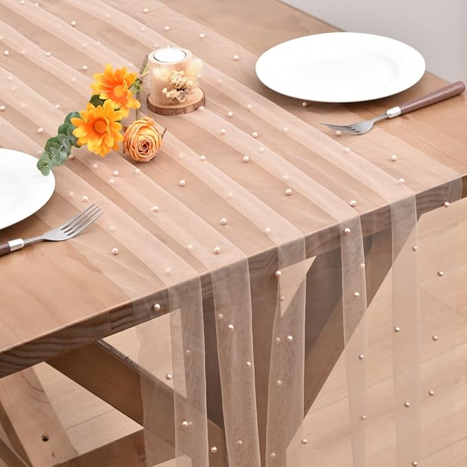 Nude Pearl Fall Thanksgiving Table Runner Boho Rustic Tulle Lace Table Runner for Baby Shower Wedding Arch Decor Veil Dessert Table Decor