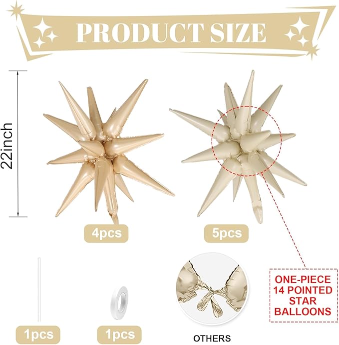 Cream White Beige Star Balloons,9Pcs 22Inch Caramel Sand White Explosion Spike Cone Helium Polyester Film Star Balloon for Birthday Anniversary Baby Shower Disco Party Decorations