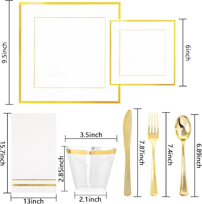 Festiva 350Pcs Clear Plastic Plates with Gold rim - Clear Gold Disposable Dinnerware for 50 Guests includeSquare Plastic Plates/Cups/Cutlery/Napkins Perfect for Thanksgiving Party&Wedding &Xmas
