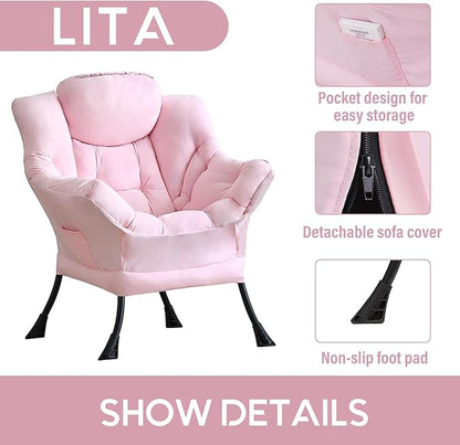 LITA Lazy Chair with Armrests and Side Pocket, Modern Upholstered Accent Reading Chair for Living Room, Bedroom, Dorm, Small Spaces, Single Pink