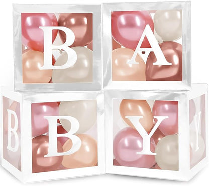 Baby Shower Boxes with Letters – White Boxes with Rose Gold, Dusty Pink, Sand & White Balloons – 44-Piece Gender Reveal & Party Decoration Set by Vellax