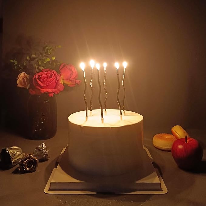 Spiral Long Thin Birthday Candles for Cake – Metallic Cake Decorations, Happy Birthday Candles with Holders, Long Lasting & Safe (24, Black+Gold Spots)
