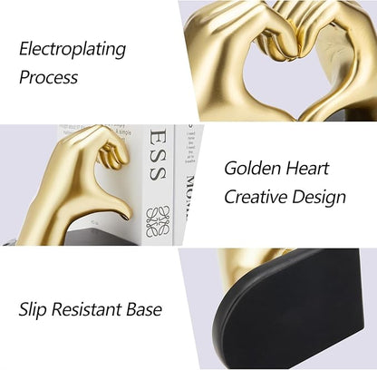 Gold Bookends, Heavy Duty Bookend Holder Decor, Golden Finger Heart Shaped, Modern Art Sculpture, Finger Home Decoration, Bookends Decorative, Boho Decor for Desktop Bedroom Study Room