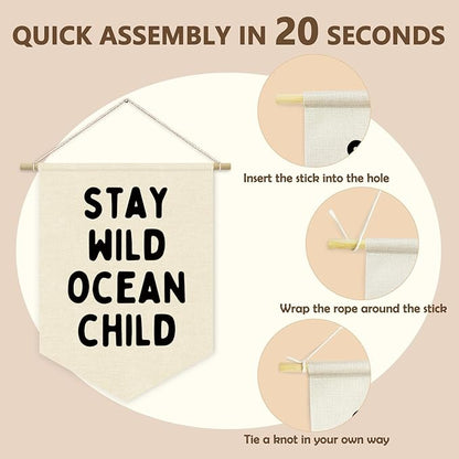 Ocean Nursery Decor, Stay Wild Ocean Child Linen Canvas Banner, Coastal Nautical Nursery Wall Hanging Pennant Flag Banner for Kids Toddler Room Bedroom Playroom Decor, 15x11in