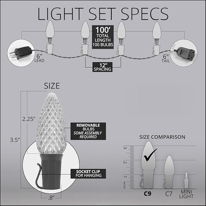 Wintergreen Lighting C9 OptiCore LED Blue & White Commercial Outdoor Christmas Lights – Heavy Duty Bulbs on 18 Gauge Green Wire for Holiday Displays (100 Lights, 100 ft, Blue/Cool White)