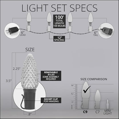 Wintergreen Lighting C9 OptiCore LED Blue & White Commercial Outdoor Christmas Lights – Heavy Duty Bulbs on 18 Gauge Green Wire for Holiday Displays (100 Lights, 100 ft, Blue/Cool White)