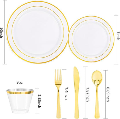 bUCLA 600Pcs White and Gold Plastic Plates - Gold Disposable Dinnerware Set for 100 Guests Include 100 Dinner & 100 Dessert Plates, 100 Cups, 100 Forks, 100 Spoons, 100 Knives for Party