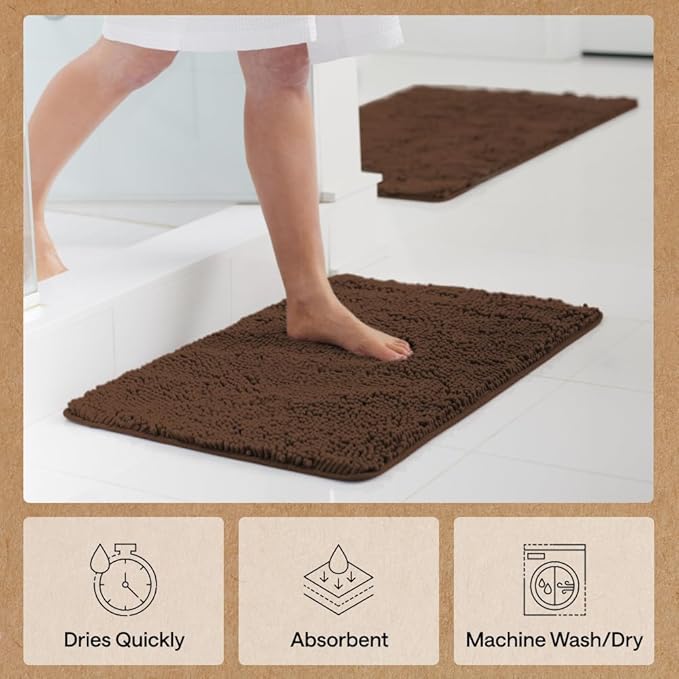 GORILLA GRIP Bath Rug Mat 48x24, Thick Soft Absorbent Chenille, Quick Dry Microfiber Mats, Rubber Backing Washable Shower Floor Rugs, Bathmat Runner, US Designed Bathroom Home Decor Accessories Brown
