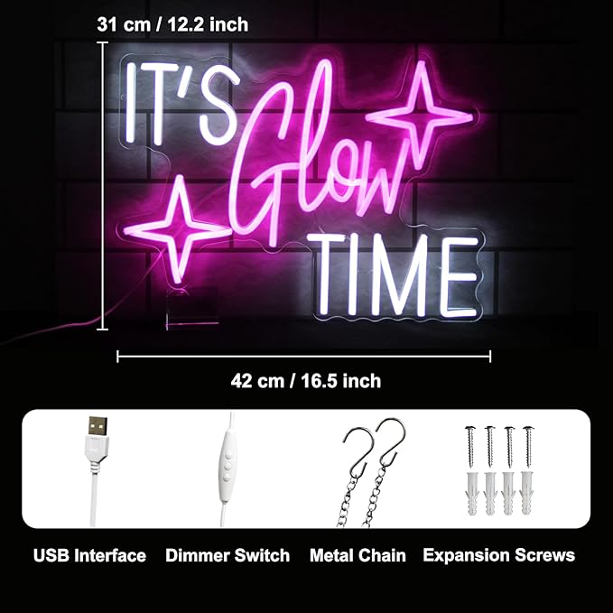 It's Glow Time Neon Sign Party Decorations Pink White Letter Neon Light Star LED Sign for Wall Celebrate Party Neon Signs for Bedroom Thanksgiving Christmas New Year Bar Decor Girl Gifts