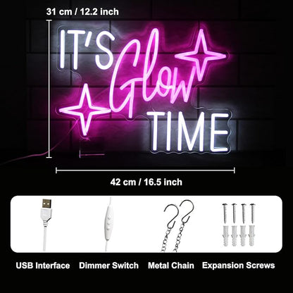 It's Glow Time Neon Sign Party Decorations Pink White Letter Neon Light Star LED Sign for Wall Celebrate Party Neon Signs for Bedroom Thanksgiving Christmas New Year Bar Decor Girl Gifts