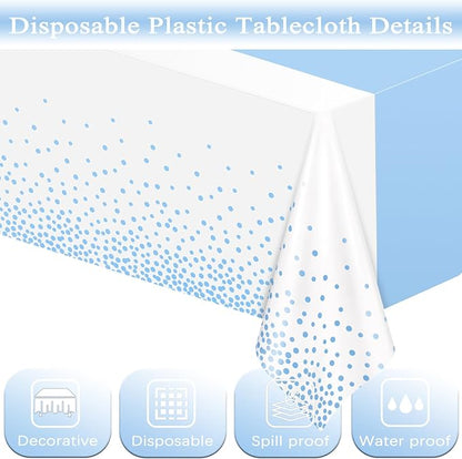 WNINK 2 Pack White and Light Blue Tablecloths, Light Blue Disposable Plastic Waterproof Table Cover, 54" x 108", for Birthday, Baby Shower，Wedding, Bridal Shower, Picnic Camping Parties