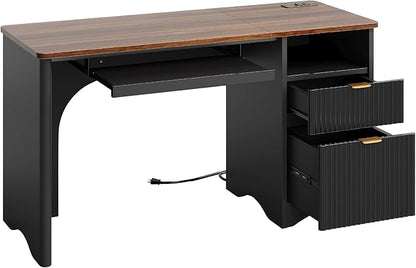 Bestier Computer Desk with Keyboard Tray, 55 inch Office Desk with Power Outlet, Modern Home Office Desk with File Drawer (Walnut with Black, 55" W with Single-Sided Drawers)