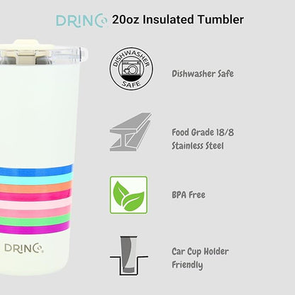 Drinco - 20 oz Stainless Steel Tumbler | Double Walled Vacuum Insulated Mug With Lid, 2 Straws, For Hot & Cold Drinks (20oz Stripe)