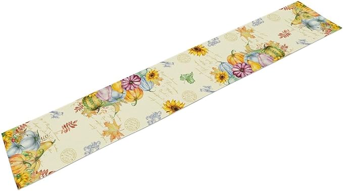 Fall Table Runner Watercolor Pumpkins Sunflowers Maple Leaves Baroque Floral Birds Country Thanksgiving Home Decor for Farmhouse Indoor Outdoor Party Holiday Dining Kitchen Restaurant Cafe W13xL120in