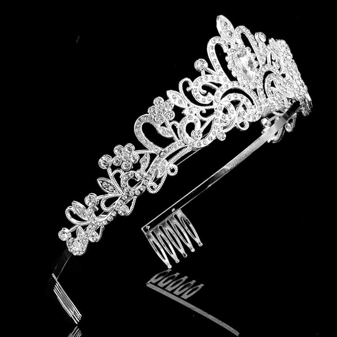 AOPRIE King & Queen Tiara and Crown for Women Men Girls Boys Halloween Party Event Supllies Favors Silver White, 2 Pack