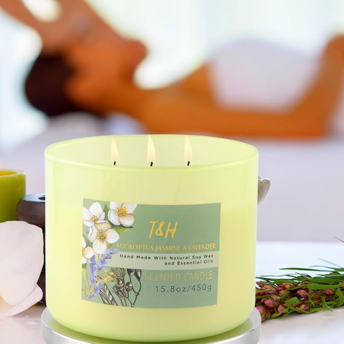 T&H Eucalyptus Jasmine Lavender 3-Wick Soy Candle 15.8 oz | Large Lavender Woods Scented Candle for Home | Aromatherapy Stress Relief Candle for Men & Women | Highly Scented, Long-Lasting Clean Burn