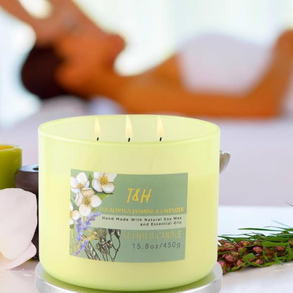T&H Eucalyptus Jasmine Lavender 3-Wick Soy Candle 15.8 oz | Large Lavender Woods Scented Candle for Home | Aromatherapy Stress Relief Candle for Men & Women | Highly Scented, Long-Lasting Clean Burn