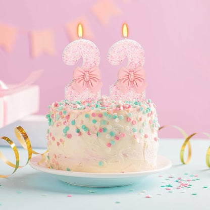 22nd Birthday Candles for Cake, Pink Bow Number Cake Candles, 2.76 inch Number Happy Birthday Candle, Cake Topper Decoration for Birthday Party (Number 22)