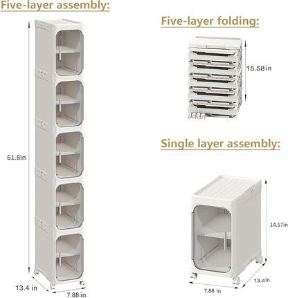5-Tier Tall Narrow Storage Cabinet, Slim Bathroom Storage Cabinet with Adjustable Shelves and Wheels, Narrow Organizer for Small Space, Bathroom, Kitchen, Laundry, White