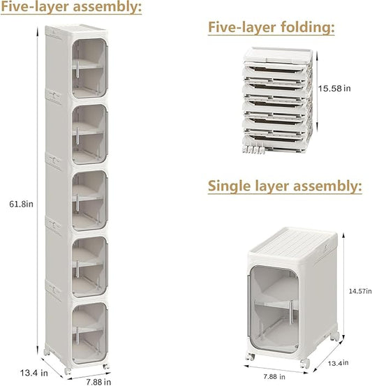 5-Tier Tall Narrow Storage Cabinet, Slim Bathroom Storage Cabinet with Adjustable Shelves and Wheels, Narrow Organizer for Small Space, Bathroom, Kitchen, Laundry, White