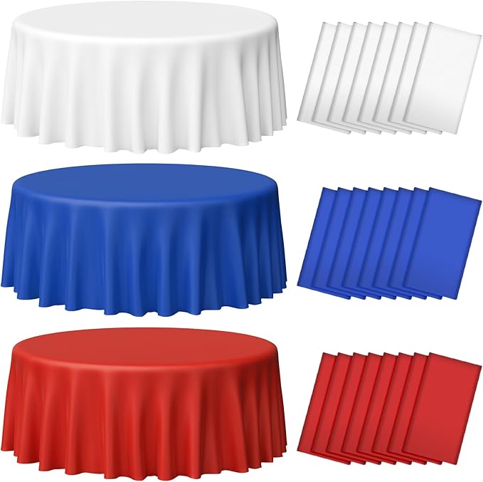 MASHAN 24 Pack 4th of July Plastic Tablecloth, Red White and Blue Patriotic Disposable Tablecloth, Waterproof Round Table Cover for Patriotic Independence Day Memorial Day Party Decorations, 84 Inch