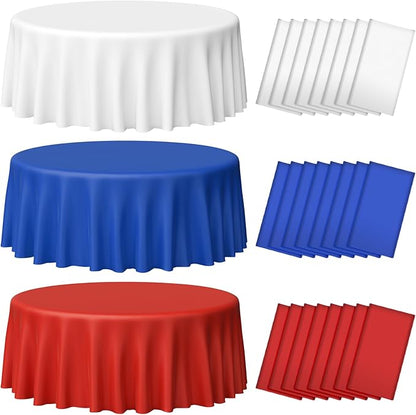 MASHAN 24 Pack 4th of July Plastic Tablecloth, Red White and Blue Patriotic Disposable Tablecloth, Waterproof Round Table Cover for Patriotic Independence Day Memorial Day Party Decorations, 84 Inch