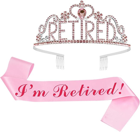 JETKONG Retirement Party Decorations Retired Tiara/Crown, Retired Sash for Women Retirement Gifts, Retirement Party Supplies, Gifts, Favors (Pink)