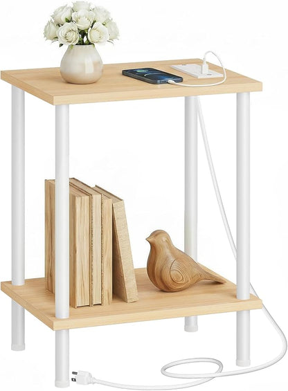 HOOBRO Side Table with Charging Station, End Table with USB Port and Outlet, Nightstand with 2-Layer Storage Shelves for Small Spaces, Living Room, Bedroom, Stable Frame, Natural and White WN09UBZ01