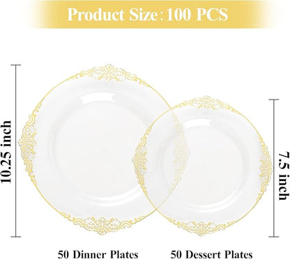 100 PCS Clear and Gold Plastic Plates for 50 Guests, Clear Disposable Plates Include 50 PCS Dinner Plates, 50 PCS Dessert Plates for Party, Wedding and Graduation