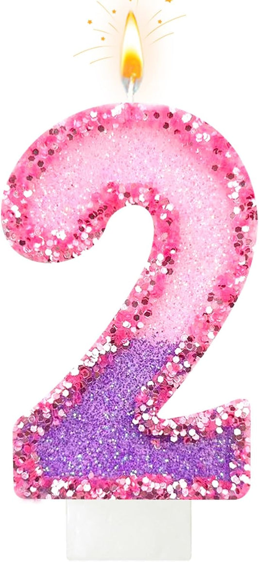 Birthday Number Candles for Cake, Pink Purple Glitter Number Candles for Cake Toppers, Ideal Birthday Parties Cake Decor, Wedding Anniversary and Other Celebrations (2 Candle)