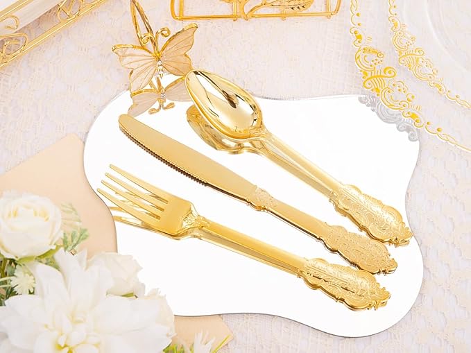 Hioasis 210pcs Clear and Gold Plastic Plates - Elegant Disposable Dinnerware Set Suitable for 30 Guests Include 10.25" Dinner & 7.5" Dessert Plates, Pre Rolled Silverware Set, Cups for Party & Wedding