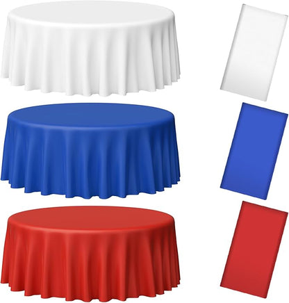 MASHAN 3 Pack 4th of July Plastic Tablecloth, Red White and Blue Patriotic Disposable Tablecloth, Waterproof Round Table Cover for Independence Day Memorial Day Veterans Day Decorations, 84 Inch