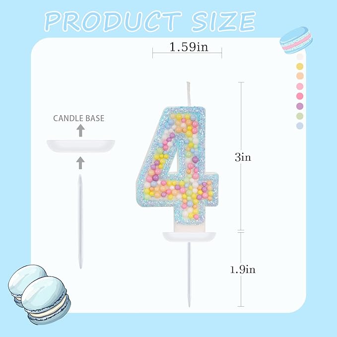 Birthday Candles - Number 4 Candle, Colorful Macaron Candles for Boys/Girls, Blue Cake Decorations, Blue Birthday Decorations