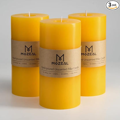 MOZEAL 3" x 6" Hand-Poured Unscented Candle,Dripless Pillar Candle Set of 3,Long Lasting Burning,Approx 120 Hours Burn Time,Rustic Country Style,for Wedding,Dinner,Christmas and Home Decor,Yellow